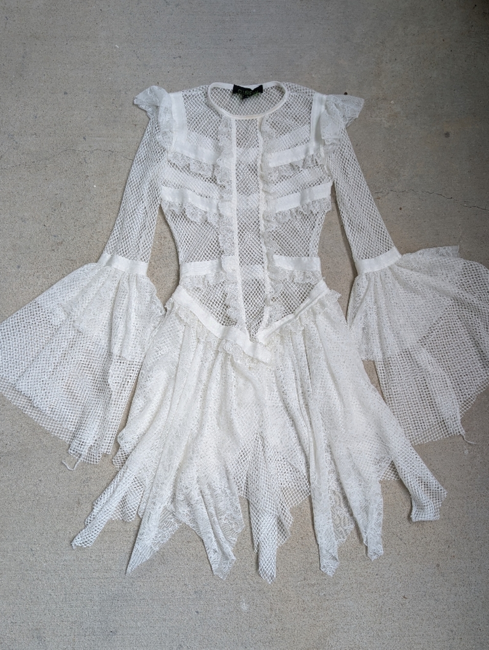 Club Exx Burning Man Sheer Fishnet Lace Trim Bell Sleeve Mini Dress